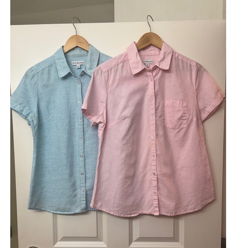 Kim Rogers Womens Linen Blend Short Sleeve Button Down Shirt Bundle Pink Blue M